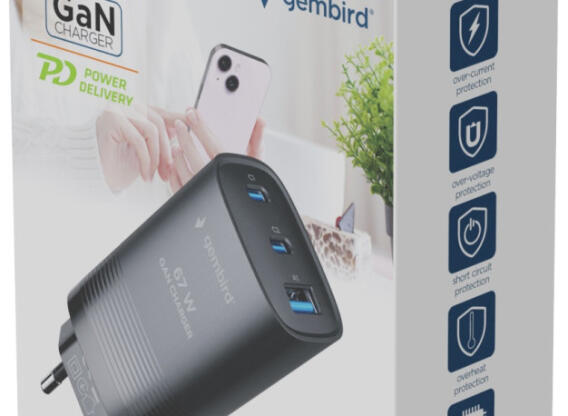 Telefon töltő 67W  1xUSB + 2xUSB-C Gembird GaN TA-UC-PDQC65-01-BK